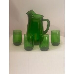 Vintage Emerald Green Glass 1950s Pitcher & 4 Tumbler Set Mid Century Modern
